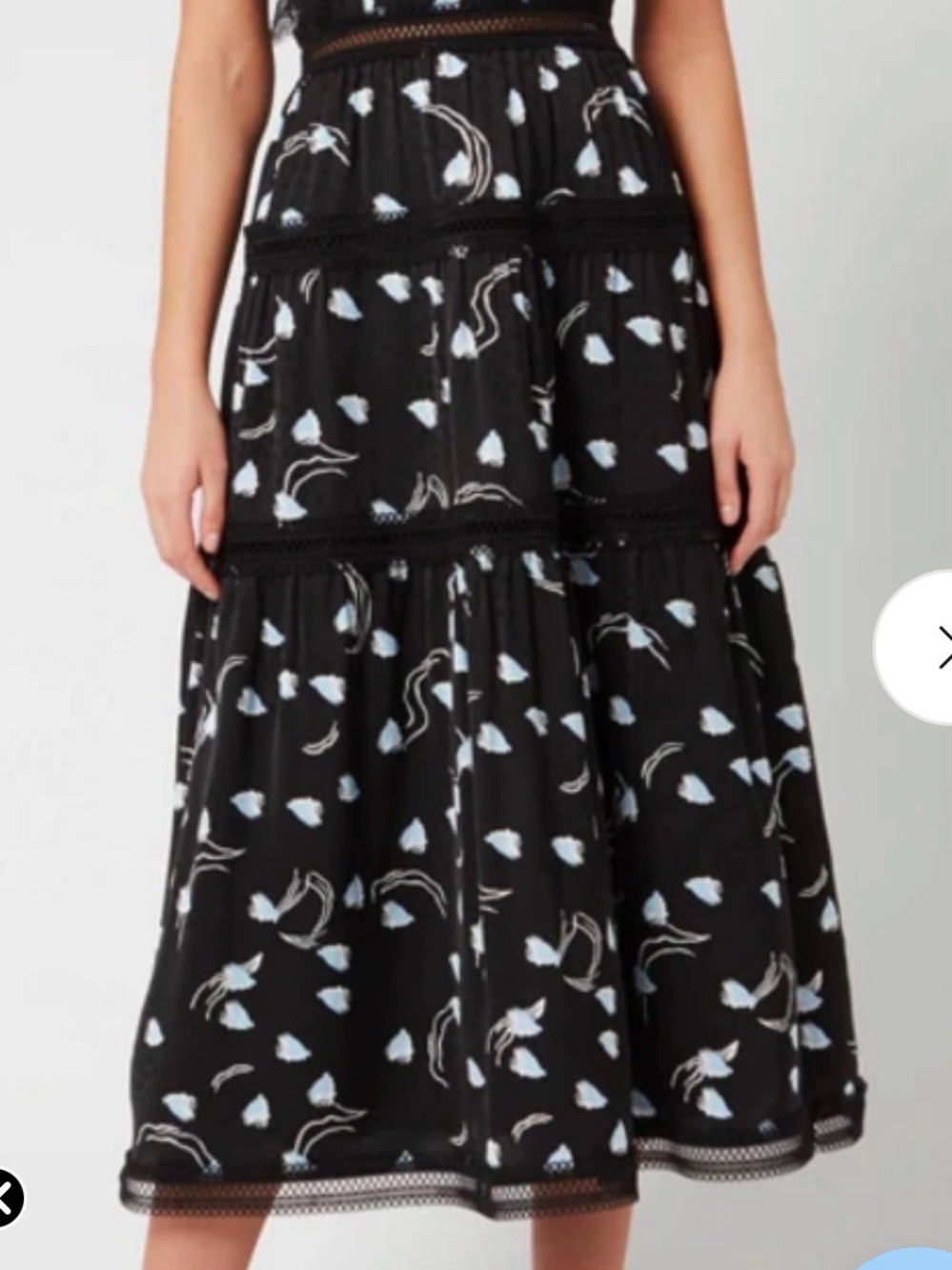 Self-Portrait Black Backless Tiered Midi Dress with Pale Blue Floral Print
